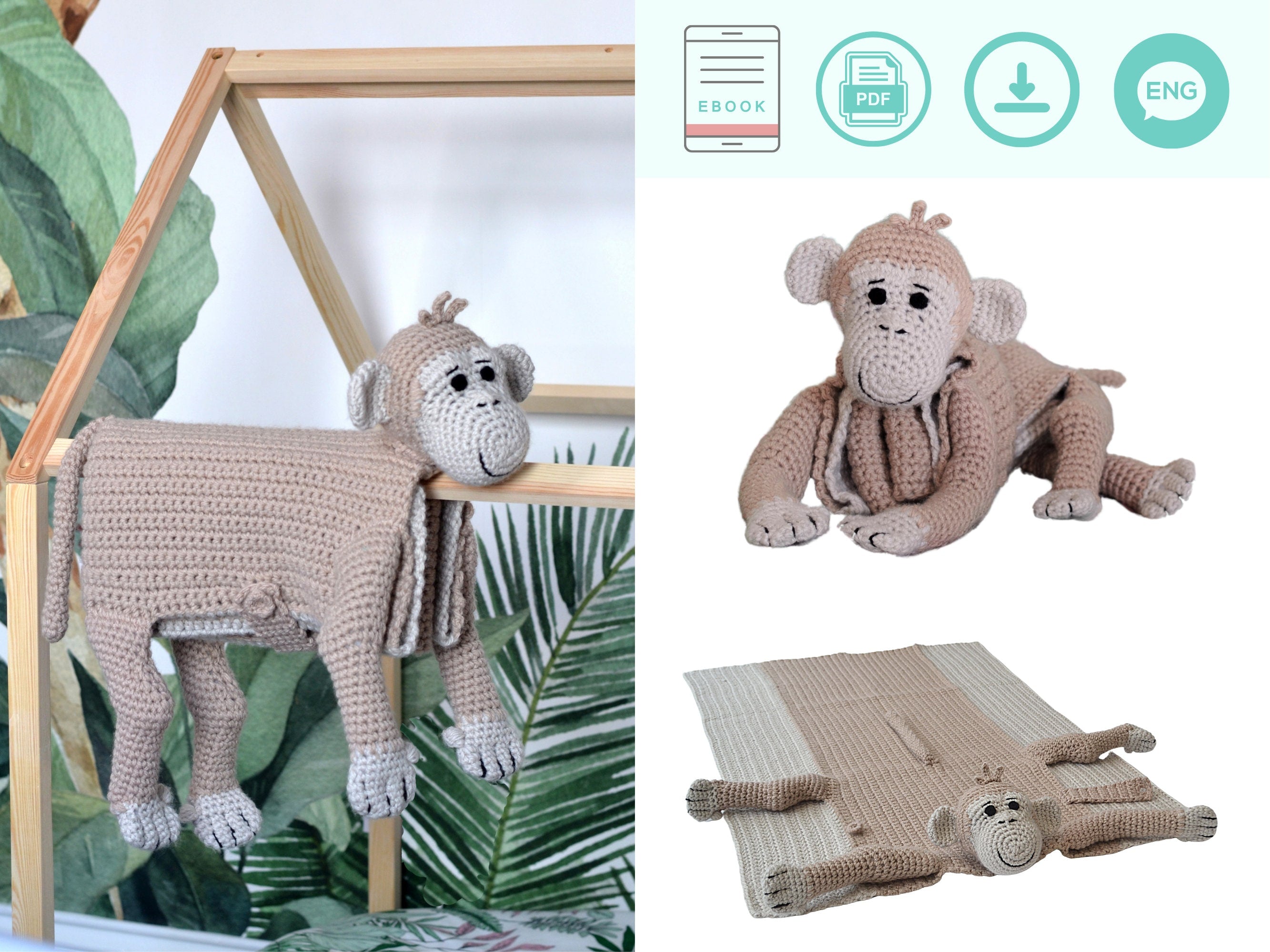 Monkey Baby Blanket Crochet Pattern | 3-in-1 Cuddle & Play (PDF)