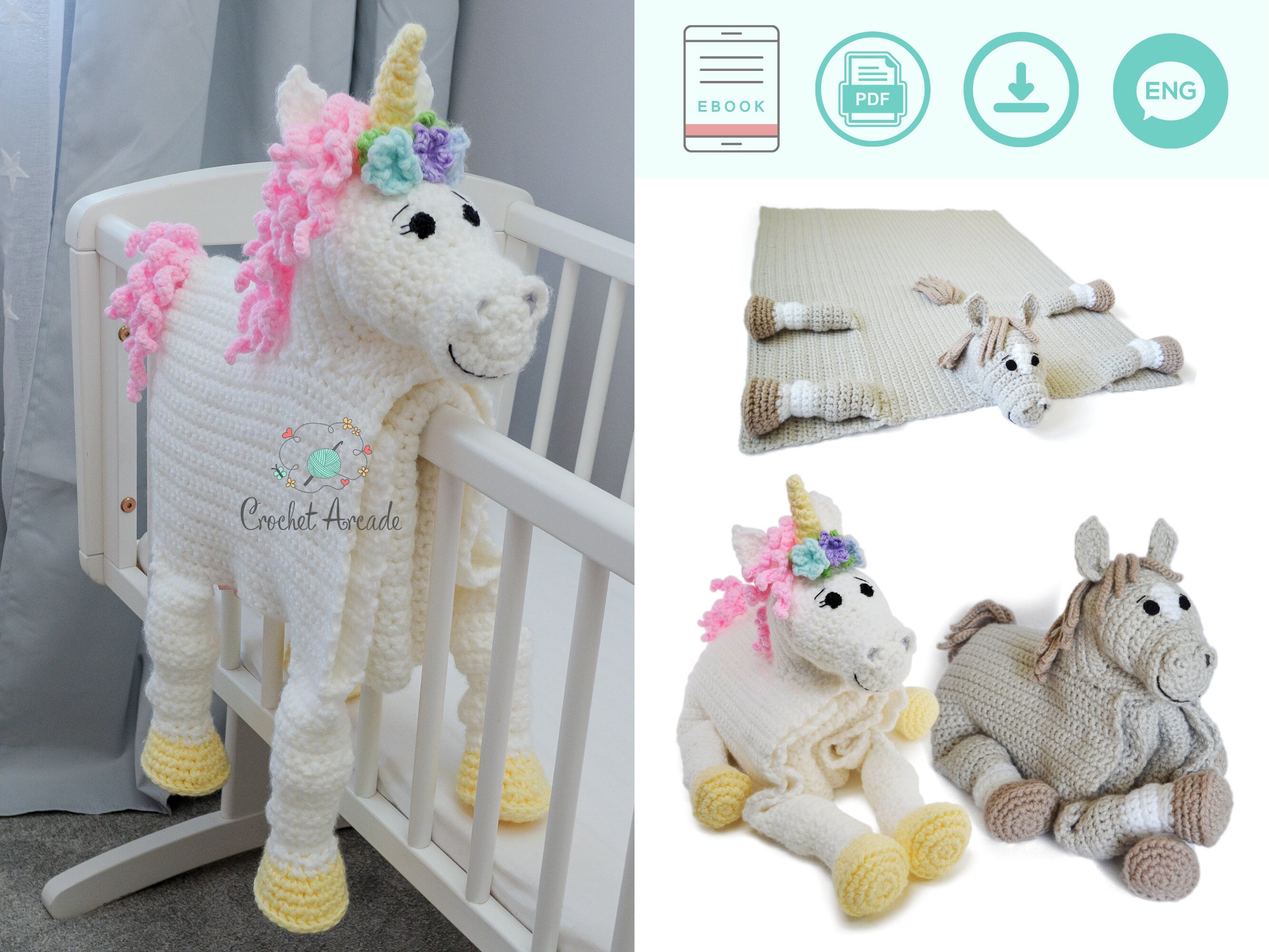 Unicorn Horse Baby Blanket Crochet Pattern | 3-in-1 Toy (PDF Pattern)