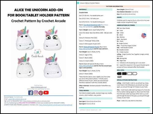 Alice the Unicorn Crochet Book Tablet Holder Pattern (PDF)