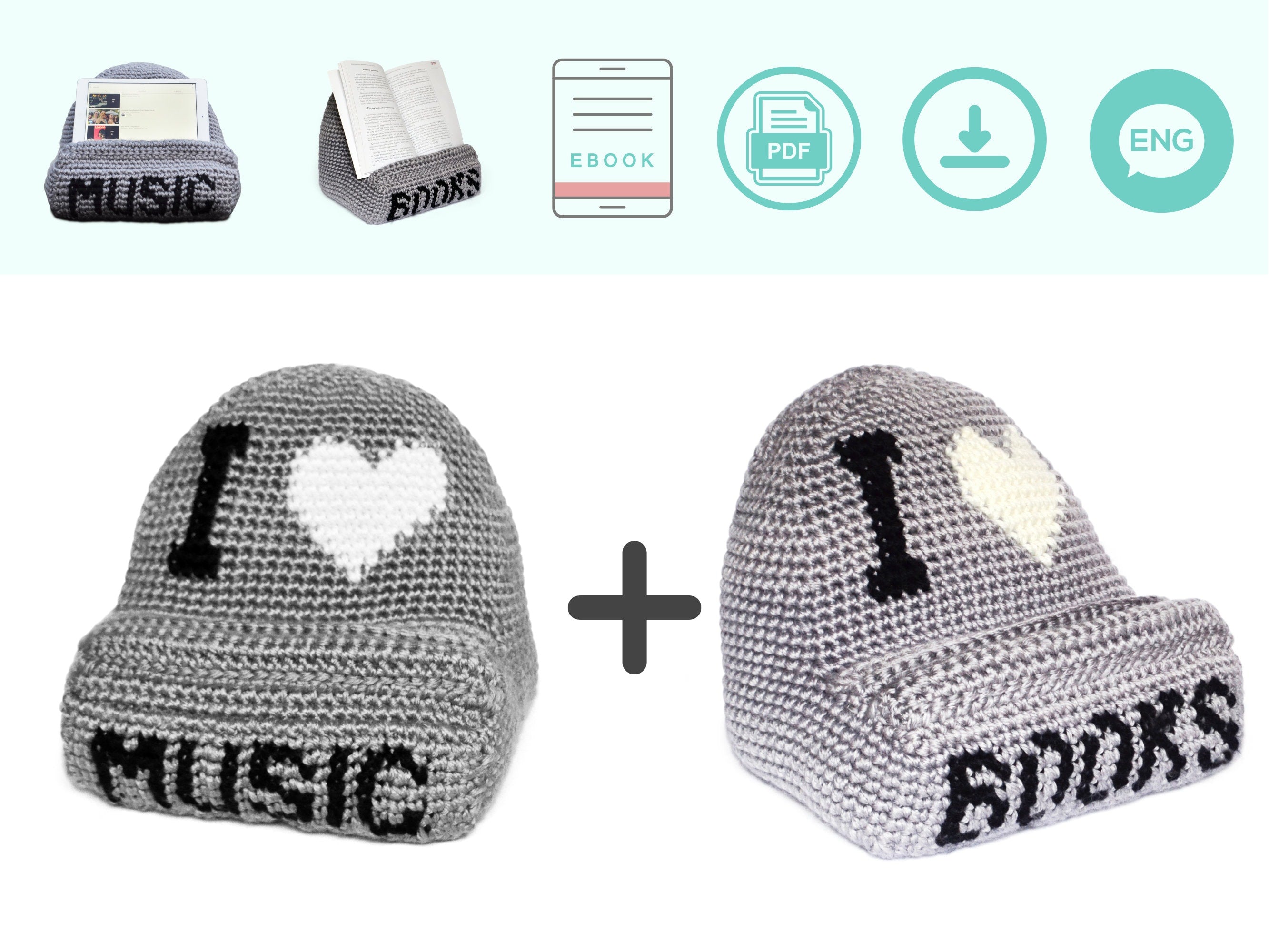 Crochet Tablet and Book Holder Pattern, I Love Music and Books (PDF Pattern)