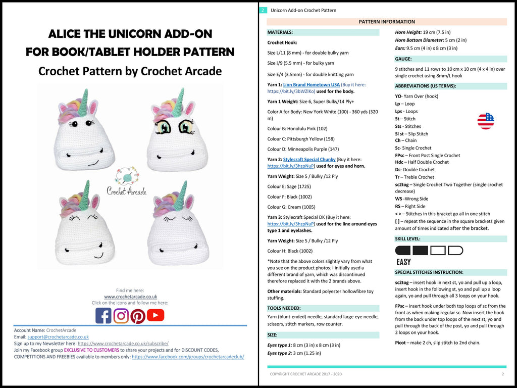 Crochet Book and Tablet Holder PATTERNS eBook, Owl, Unicorn (PDF Pattern)