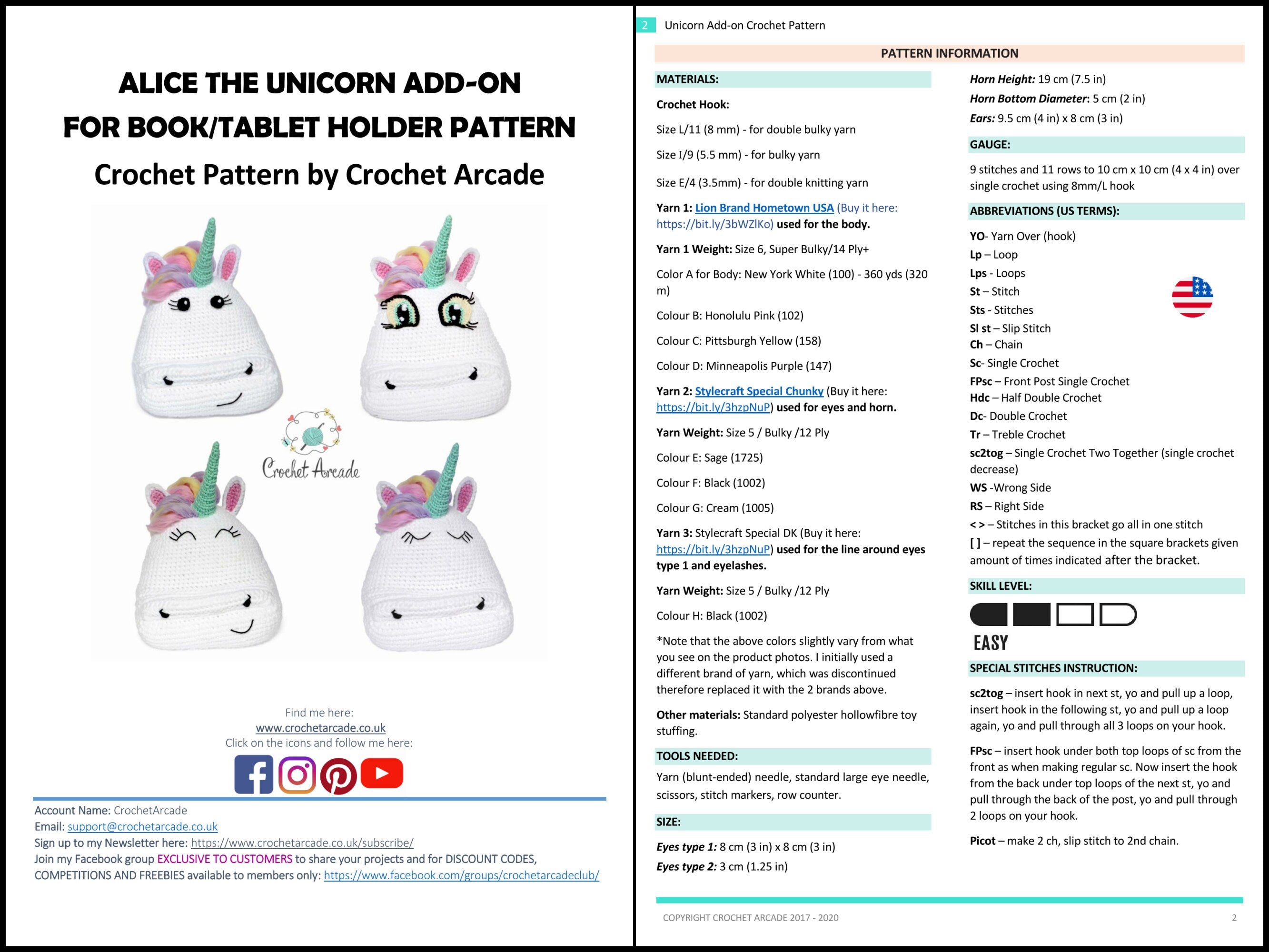 Crochet Book and Tablet Holder PATTERNS eBook, Owl, Unicorn (PDF Pattern)