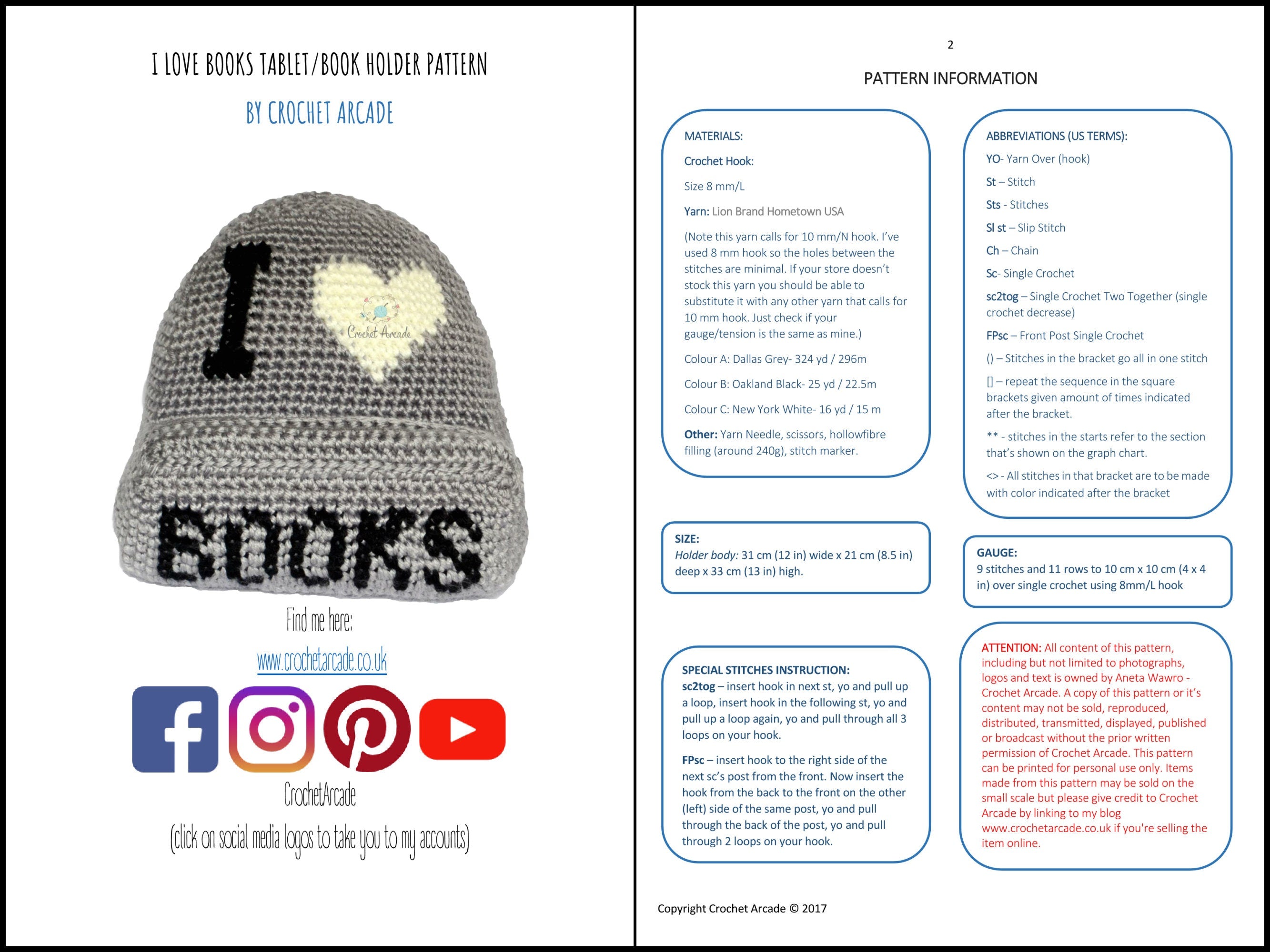 Crochet Tablet and Book Holder Pattern, I Love Music and Books (PDF Pattern)