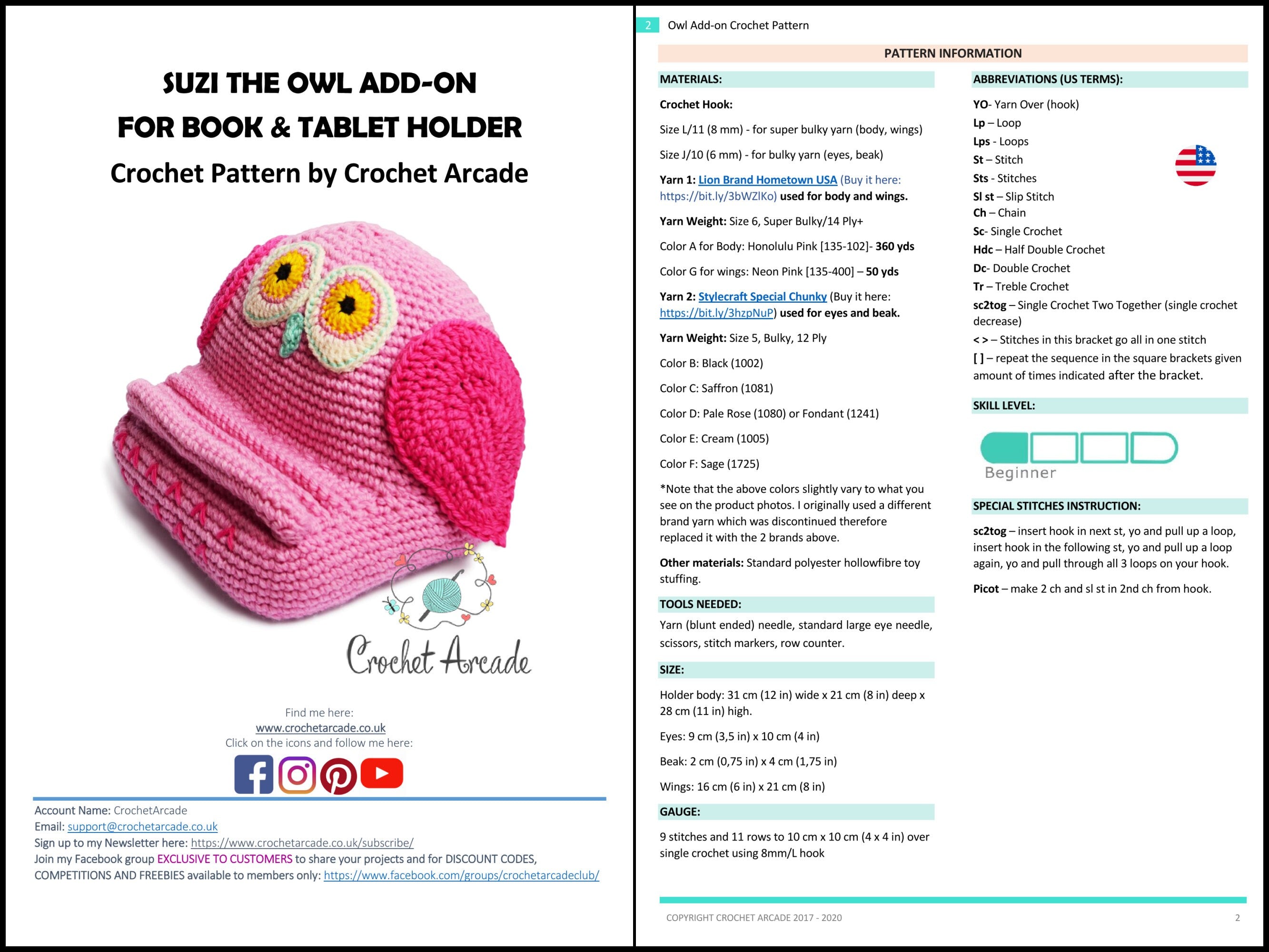 Crochet Book and Tablet Holder PATTERNS eBook, Owl, Unicorn (PDF Pattern)