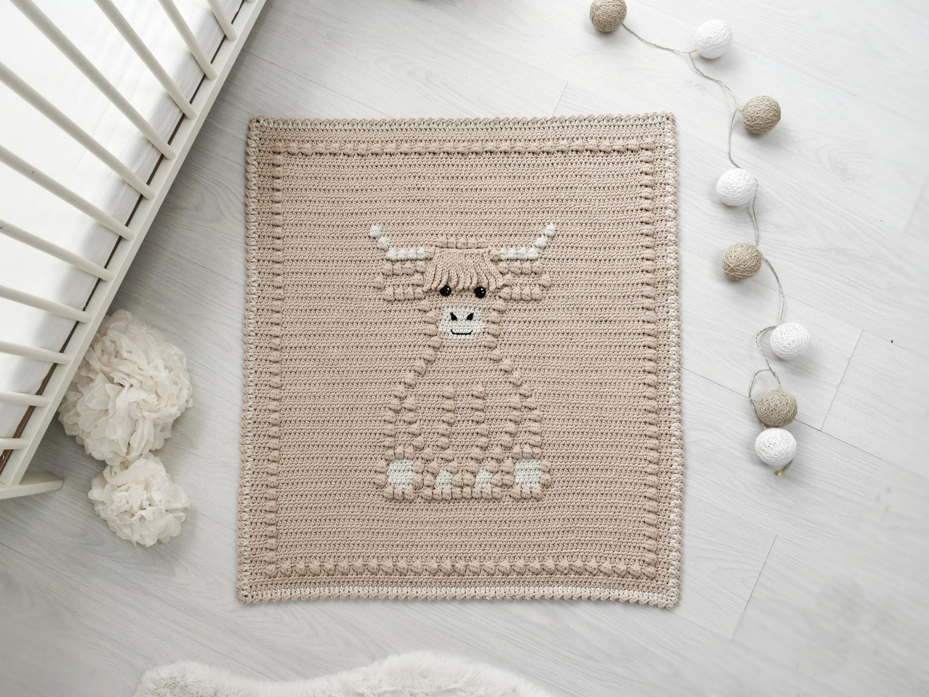 Highland Cow Crochet Baby Blanket Pattern | Bobble Stitch (PDF Pattern)